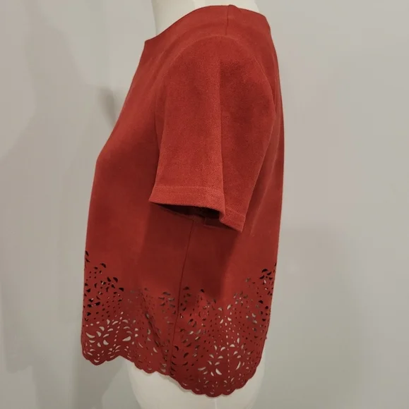 Design Lab Small Suede Short Sleeve Blouse Top Rusty Red Burgundy Lasercut - Picture 3 of 8